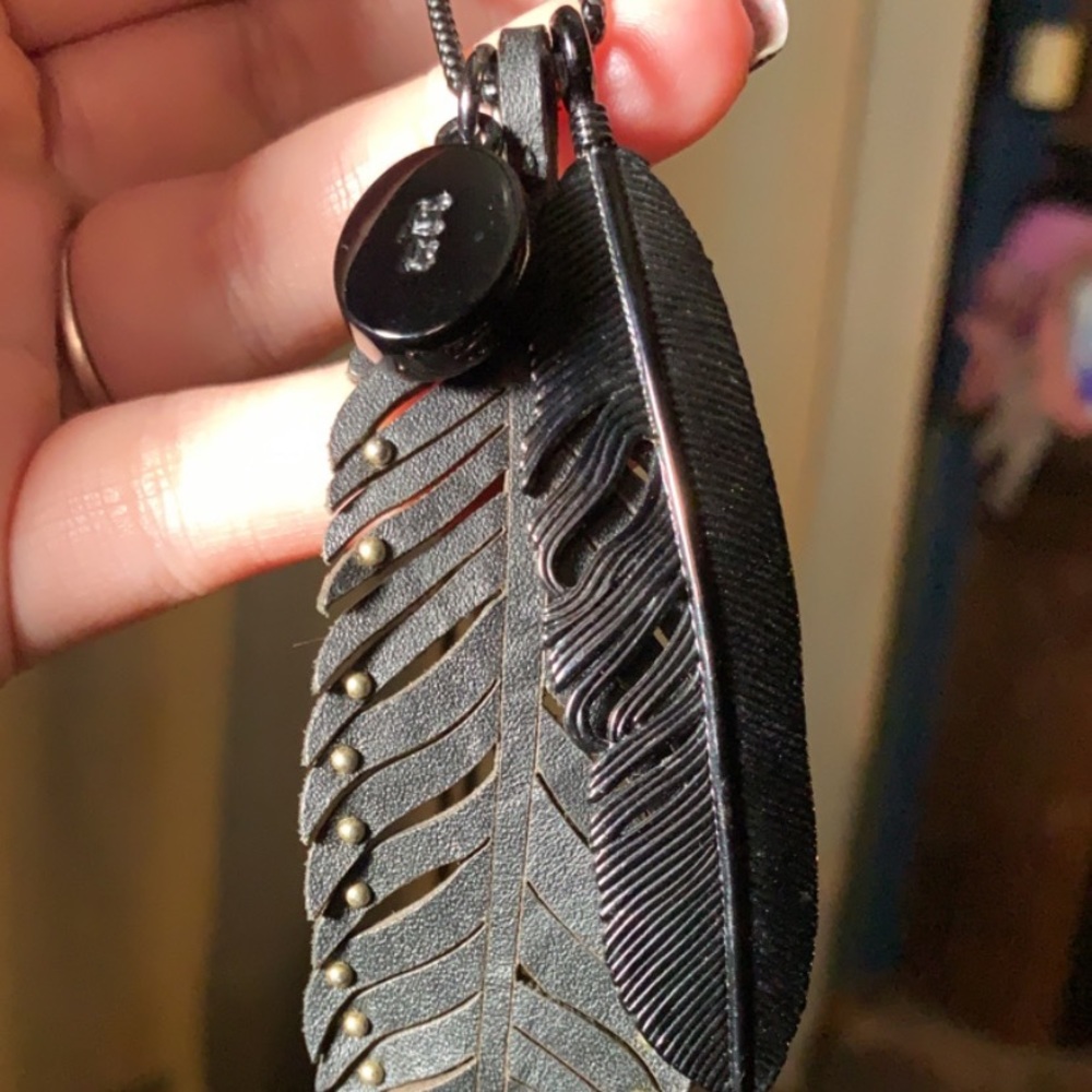 Coach black leather and metal feather necklace!